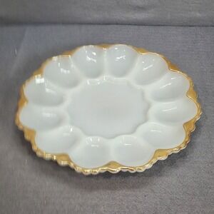 Vintage Milk Glass Deviled Egg Platter White Gold Trim Scalloped Round 10in